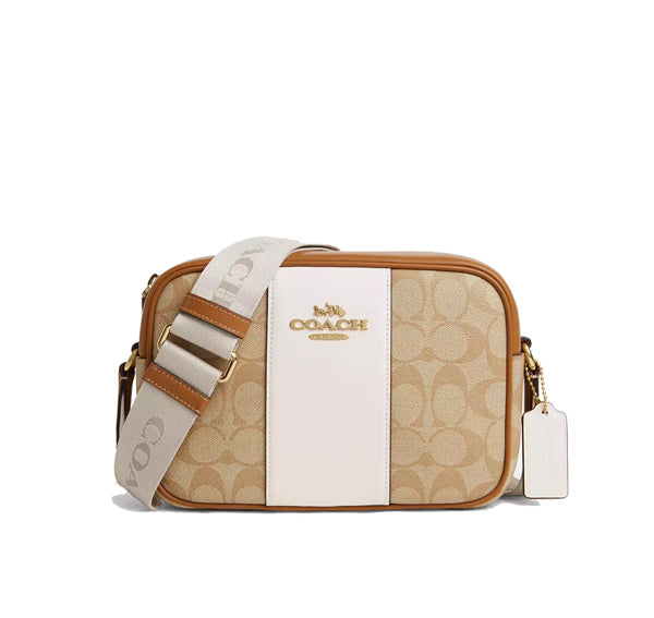 Coach Women's Jamie Camera Bag In Signature Canvas With Stripe Gold/ Light Khaki/Chalk Lt Saddle