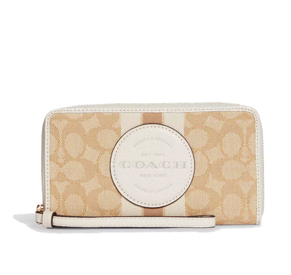 Coach Women's Dempsey Large Phone Wallet In Signature Jacquard With Stripe And Coach Patch Gold/Light Khaki Chalk