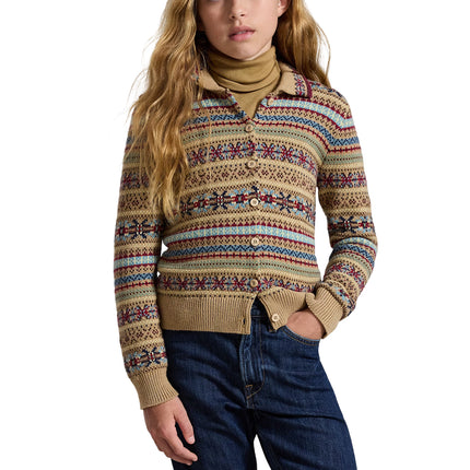 Polo Ralph Lauren Girl's Fair Isle Cotton-Wool Cardigan Warm Brown Heather Multi