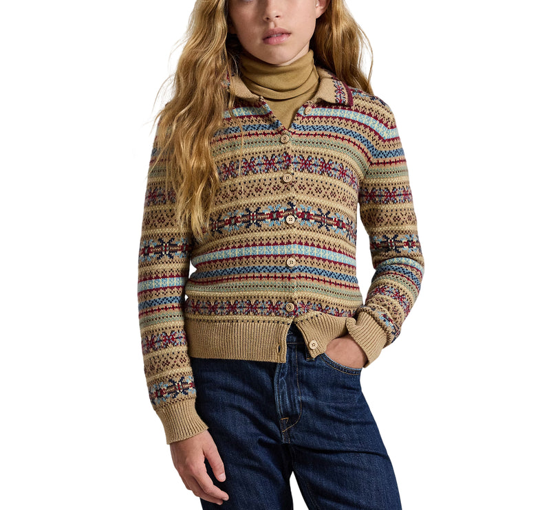 Polo Ralph Lauren Girl's Fair Isle Cotton-Wool Cardigan Warm Brown Heather Multi
