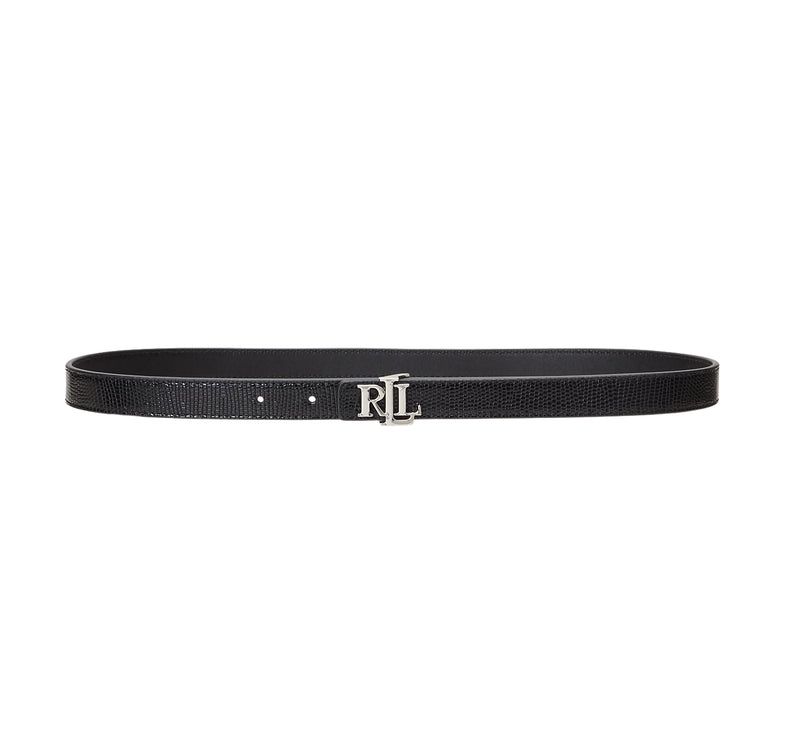 Polo Ralph Lauren Women's Logo Reversible Embossed Skinny Belt Black/Silver