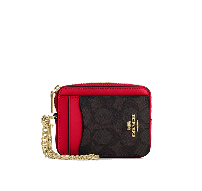 Coach Women's Zip Card Case In Signature Canvas Gold/Walnut/Bold Red