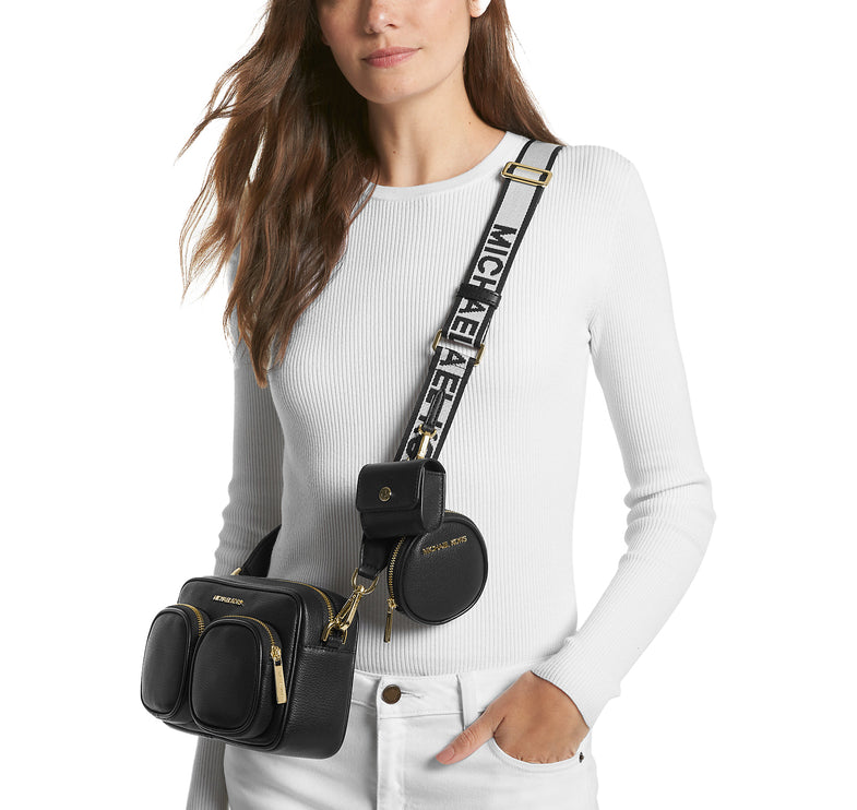 Michael Kors Women's Jet Set Medium Leather Crossbody Bag with Case for Apple Airpods Pro Black/Gold - Özel İndirim