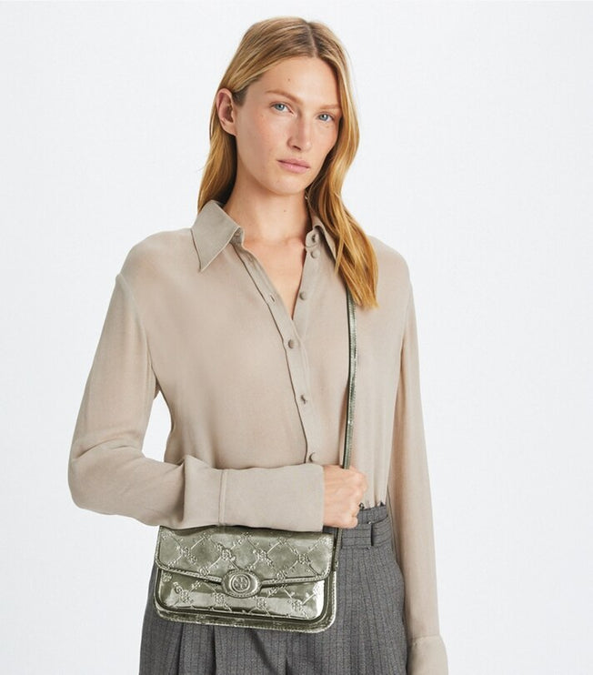 Tory Burch Women's Robinson Floral Metallic Rectangular Shoulder Bag Pewter