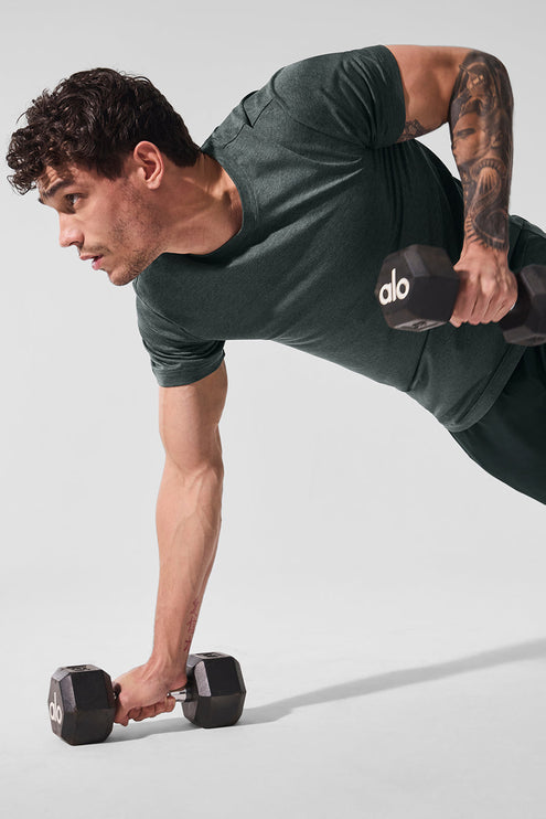 alo Men's Conquer Reform Crewneck Short Sleeve - Charcoal Green Heather