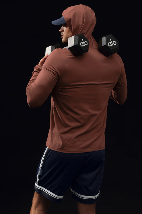 alo Men's Conquer Reform Long Sleeve With Hood - Chestnut