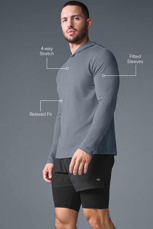 alo Men's Conquer Reform Long Sleeve With Hood - Steel Grey