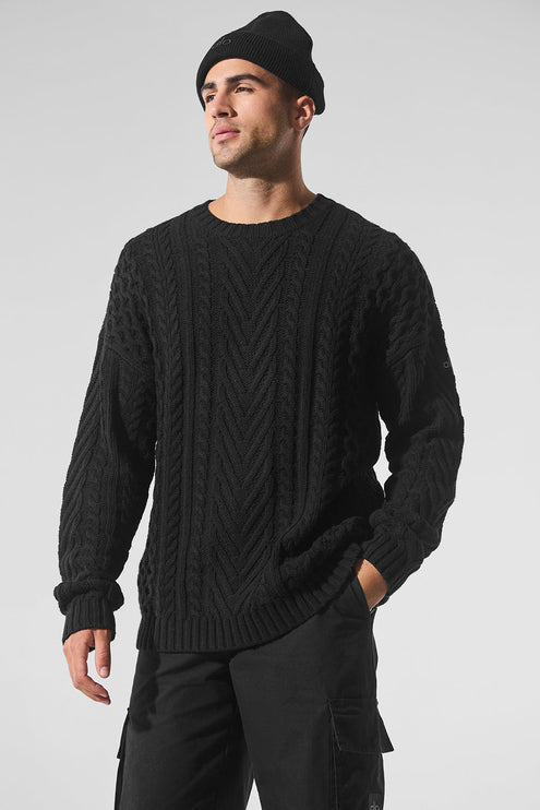 alo Men's Cable Knit Crew Neck Sweater - Black