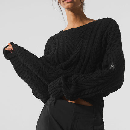 alo Women's Cable Knit Crew Neck Sweater - Black