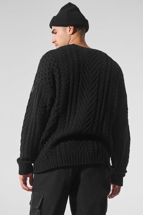 alo Men's Cable Knit Crew Neck Sweater - Black