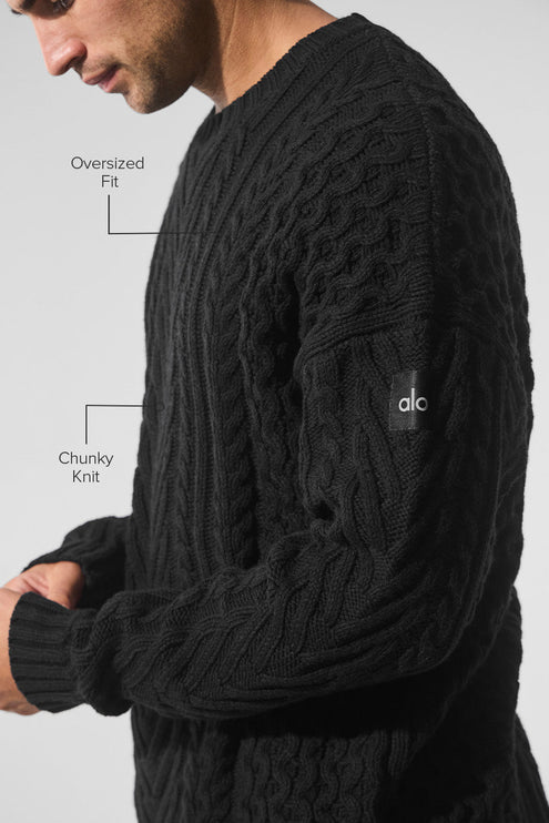 alo Men's Cable Knit Crew Neck Sweater - Black