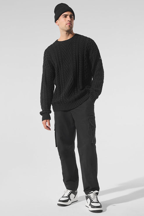 alo Men's Cable Knit Crew Neck Sweater - Black