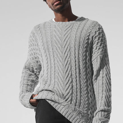 alo Men's Cable Knit Crew Neck Sweater - Athletic Heather Grey