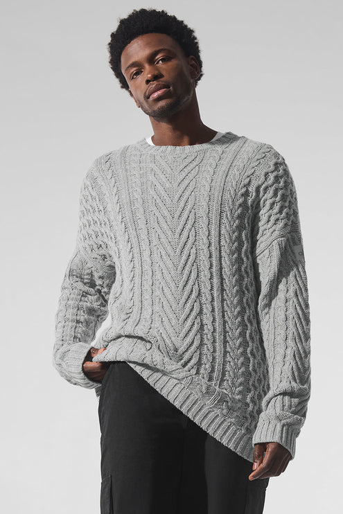 alo Men's Cable Knit Crew Neck Sweater - Athletic Heather Grey