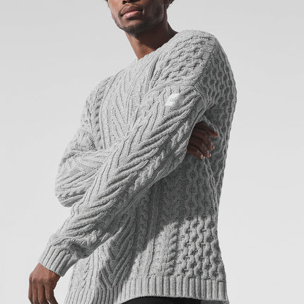 alo Men's Cable Knit Crew Neck Sweater - Athletic Heather Grey