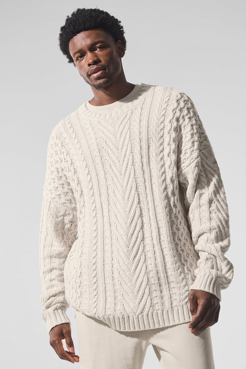alo Men's Cable Knit Crew Neck Sweater - Bone