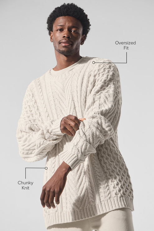 alo Men's Cable Knit Crew Neck Sweater - Bone