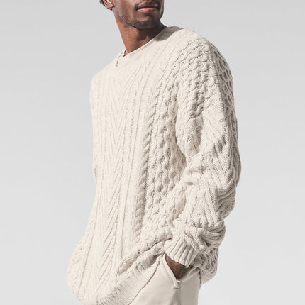 alo Men's Cable Knit Crew Neck Sweater - Bone
