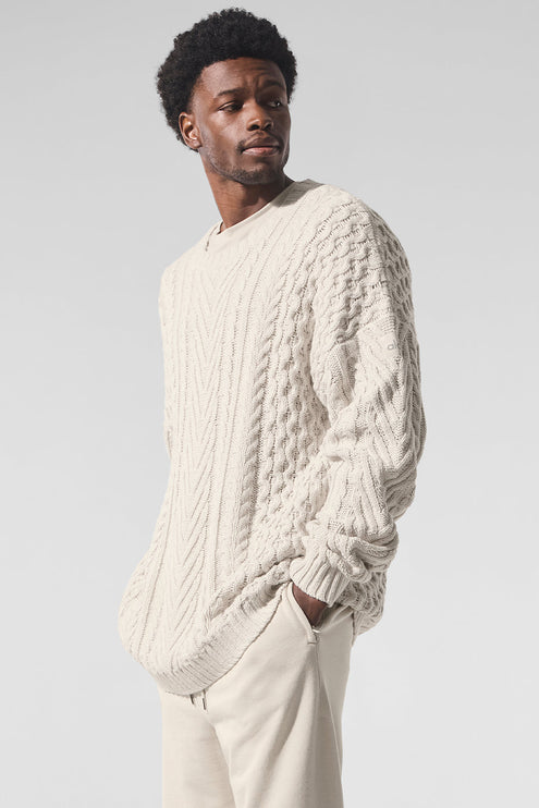 alo Men's Cable Knit Crew Neck Sweater - Bone