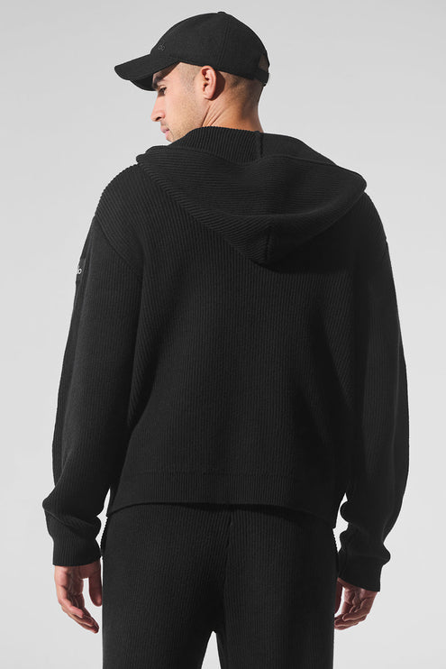 alo Men's Domain Rib Knit Full Zip Sweater - Black