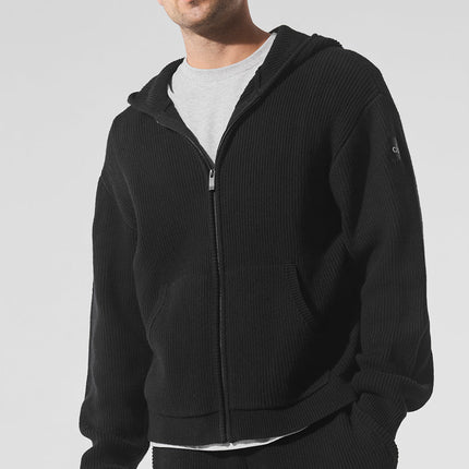 alo Men's Domain Rib Knit Full Zip Sweater - Black