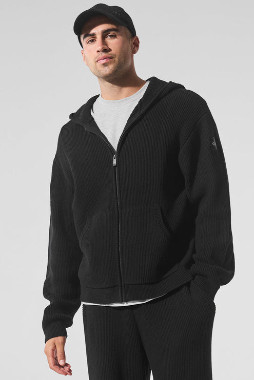 alo Men's Domain Rib Knit Full Zip Sweater - Black