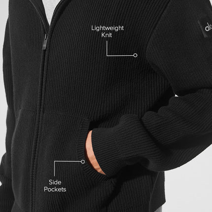 alo Men's Domain Rib Knit Full Zip Sweater - Black