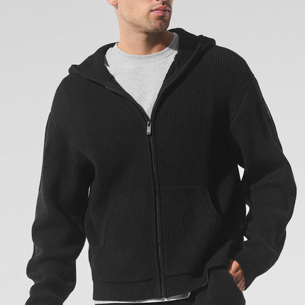alo Men's Domain Rib Knit Full Zip Sweater - Black
