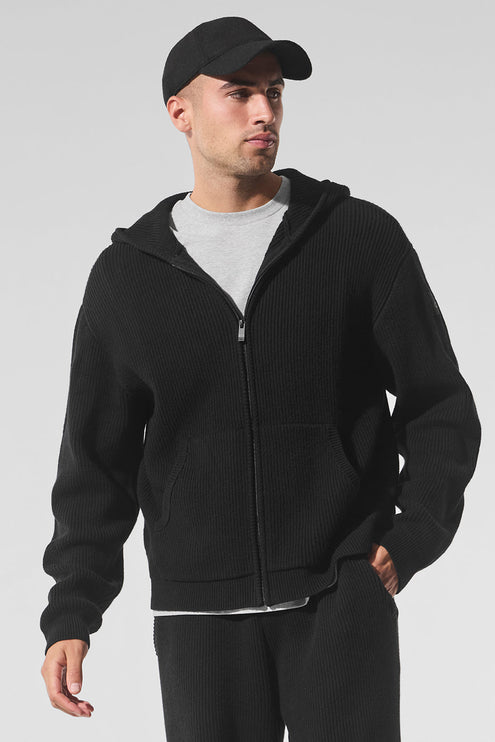 alo Men's Domain Rib Knit Full Zip Sweater - Black
