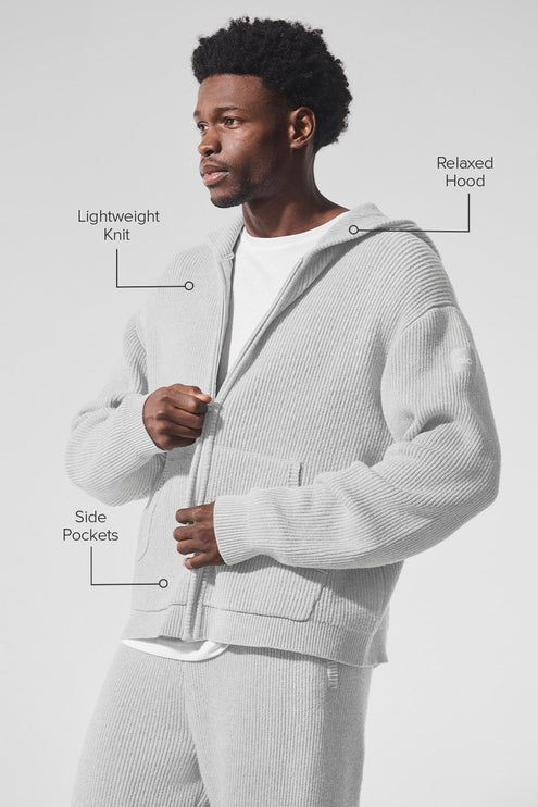 alo Men's Domain Rib Knit Full Zip Sweater - Athletic Heather Grey