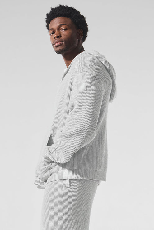 alo Men's Domain Rib Knit Full Zip Sweater - Athletic Heather Grey