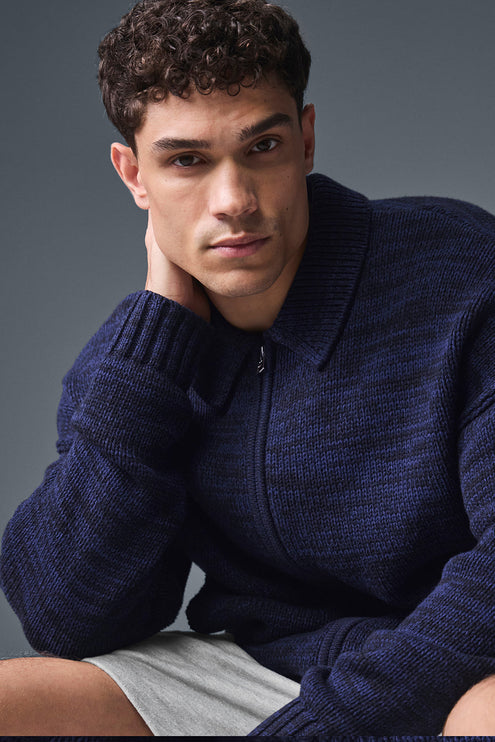 alo Men's Heritage Full Zip Sweater - Navy Multi