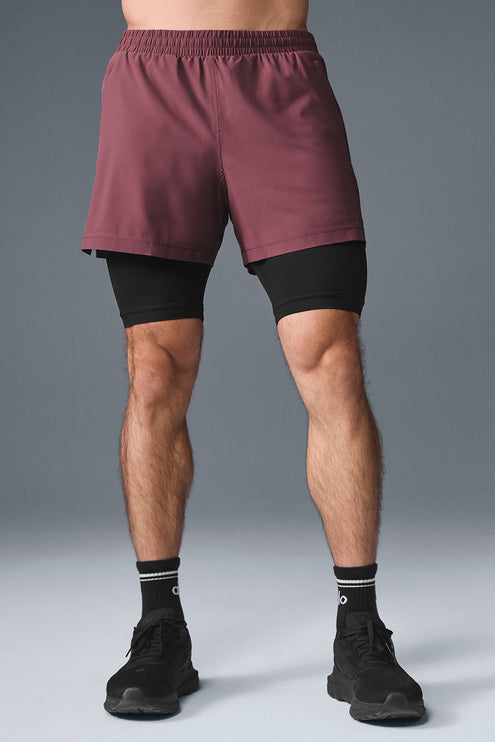 alo Men's 5" Revival 2-in-1 Short - Burgundy Truffle/Black