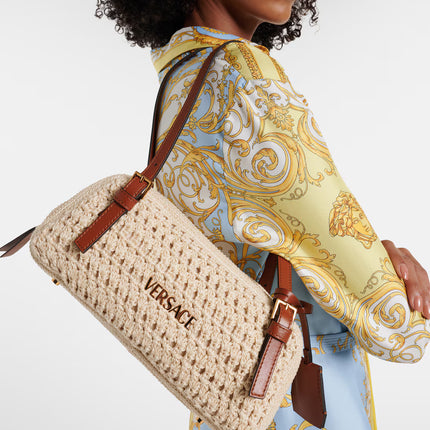 Versace Women's Versace Tag Raffia Bowling Bag Beige