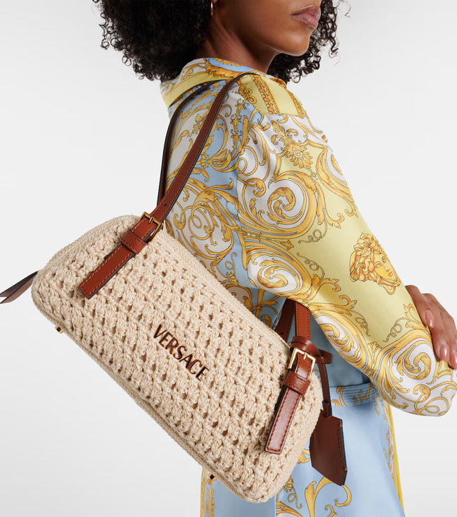 Versace Women's Versace Tag Raffia Bowling Bag Beige