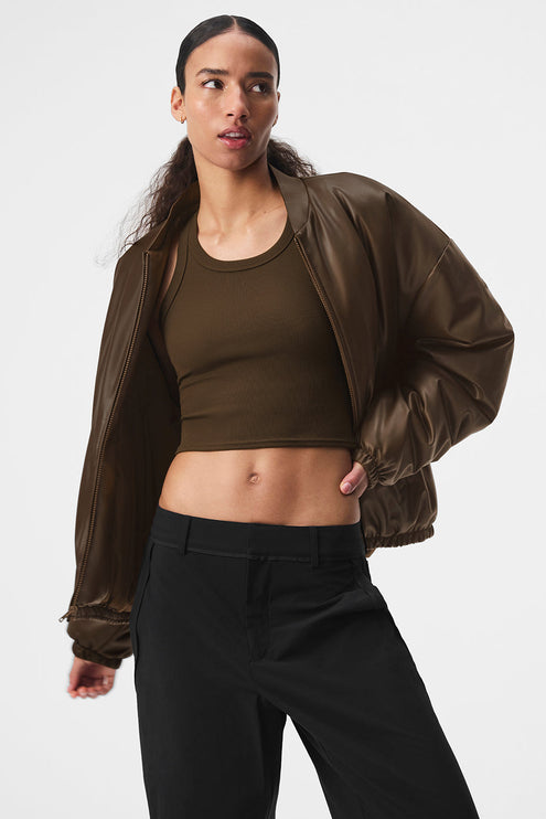 alo Women's Faux Leather Premier Bomber Espresso
