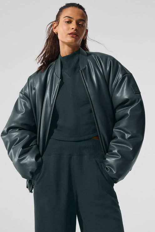 alo Women's Faux Leather Premier Bomber - Charcoal Green