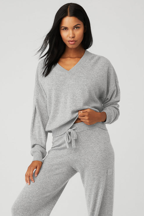 alo Women's Cashmere Jet Set V-Neck Pullover - Dove Grey Heather