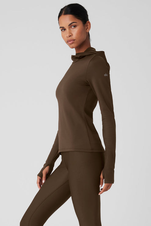 alo Women's Airlift Winter Warm Hooded Runner Espresso