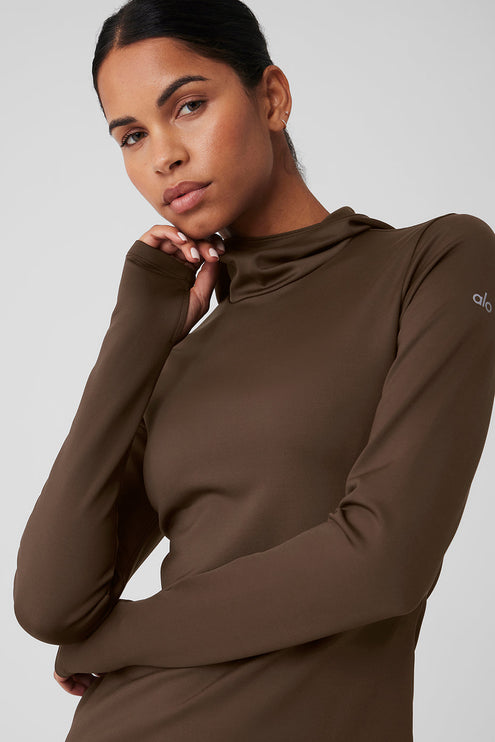 alo Women's Airlift Winter Warm Hooded Runner Espresso