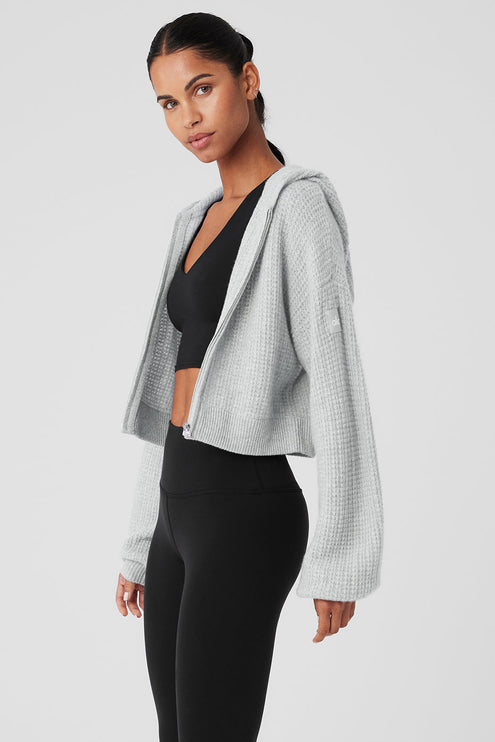 alo Women's Cashmere Plush Waffle Full Zip Hoodie - Athletic Heather Grey