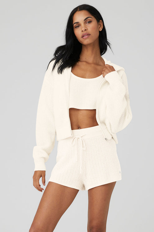 alo Women's Cashmere Plush Waffle Full Zip Hoodie - Ivory