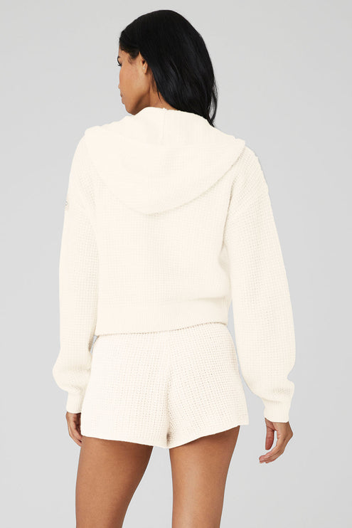 alo Women's Cashmere Plush Waffle Full Zip Hoodie - Ivory