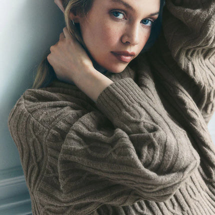alo Women's Cable Knit Winter Bliss Hoodie Light Cocoa