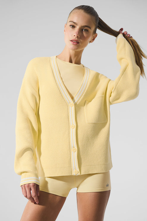 alo Women's Tennis Club Sweater Knit Cardigan - Warm Butter/White