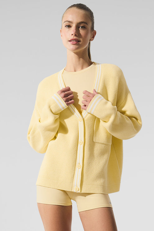 alo Women's Tennis Club Sweater Knit Cardigan - Warm Butter/White