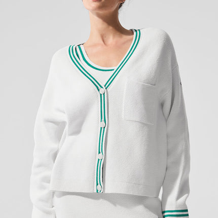 alo Women's Tennis Club Sweater Knit Cardigan White/Spruce Green