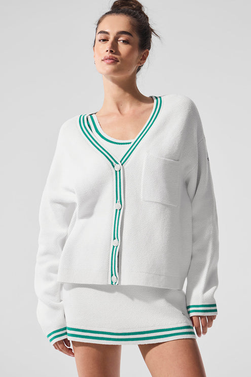 alo Women's Tennis Club Sweater Knit Cardigan White/Spruce Green