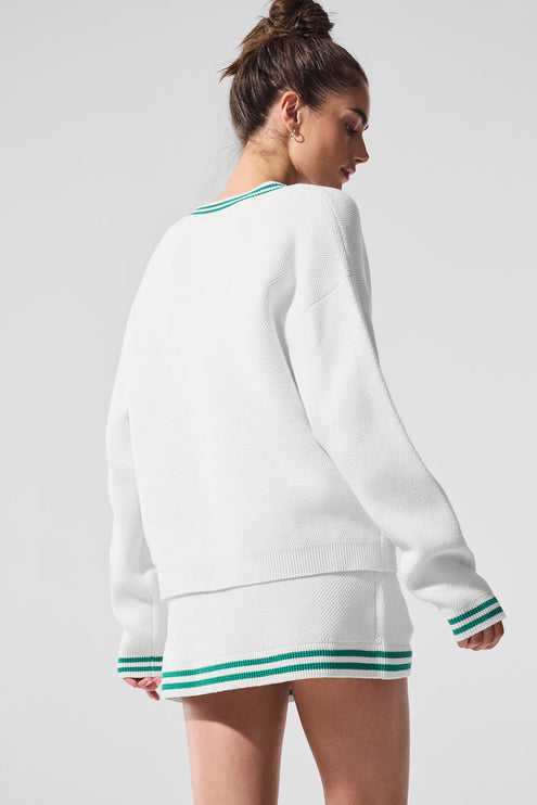 alo Women's Tennis Club Sweater Knit Cardigan White/Spruce Green