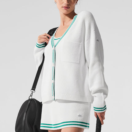 alo Women's Tennis Club Sweater Knit Cardigan White/Spruce Green